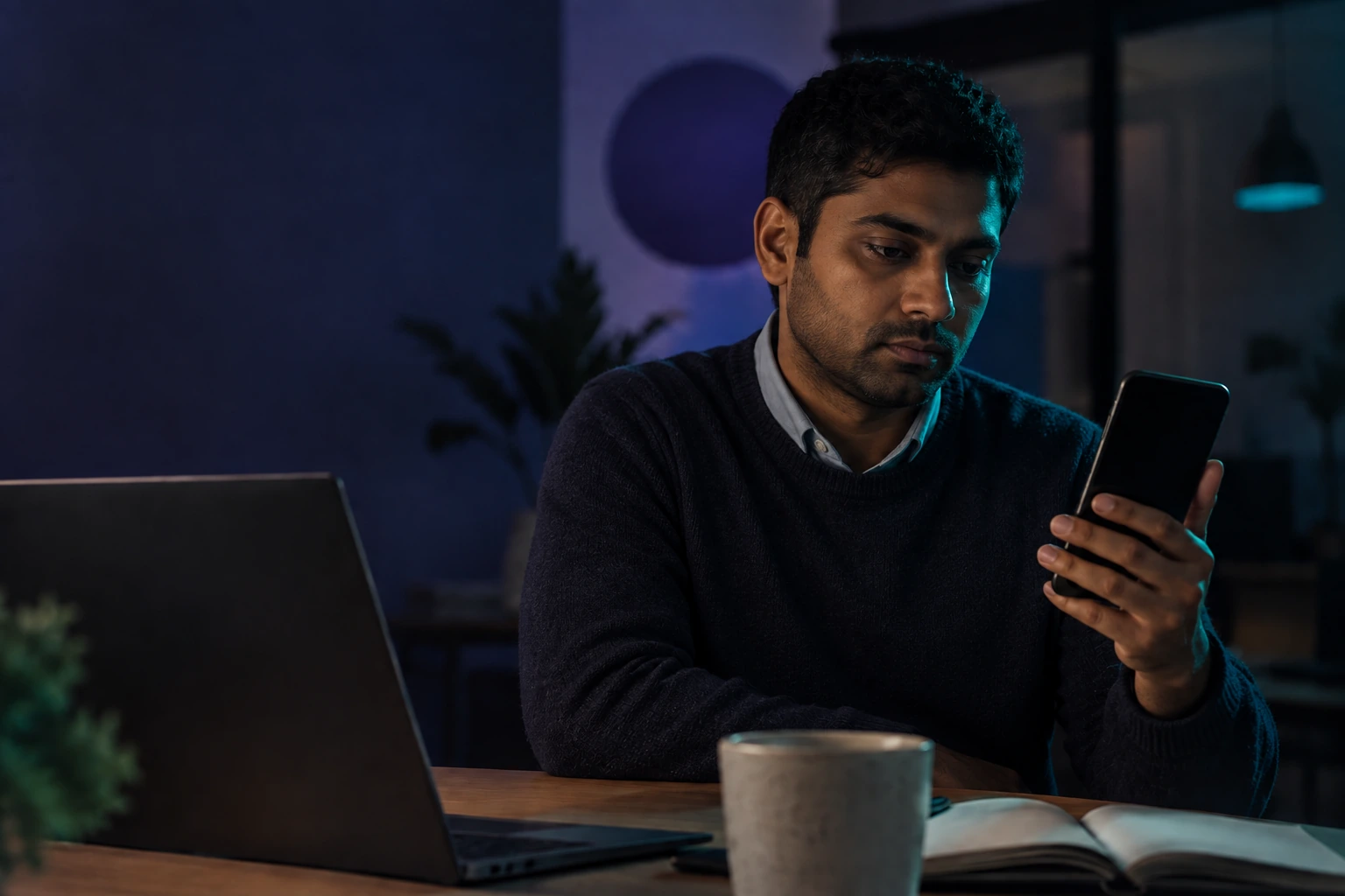 A person at a desk mid-task, the room behind them thrown out of focus
