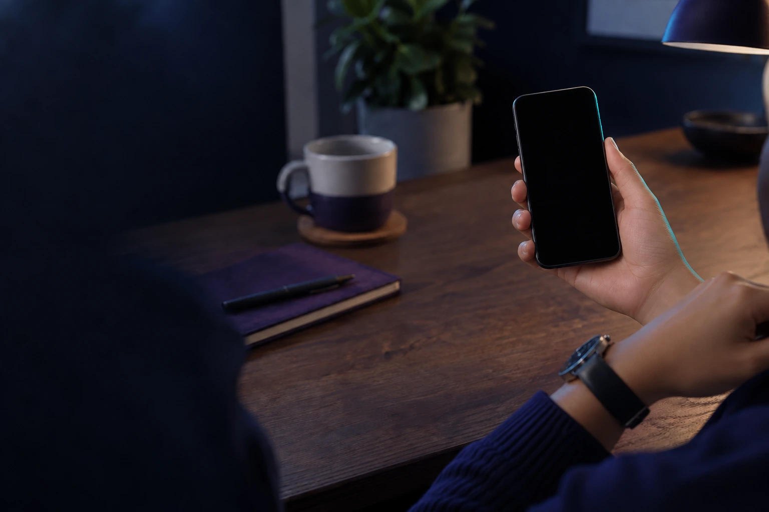 A phone at a desk in a working space, its screen dark