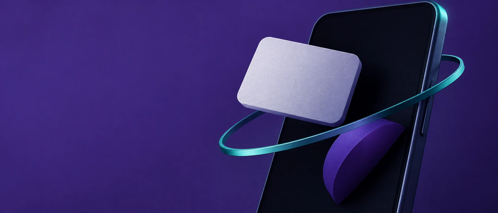 Balance tiles standing away from a phone screen, ringed by a thin orbit