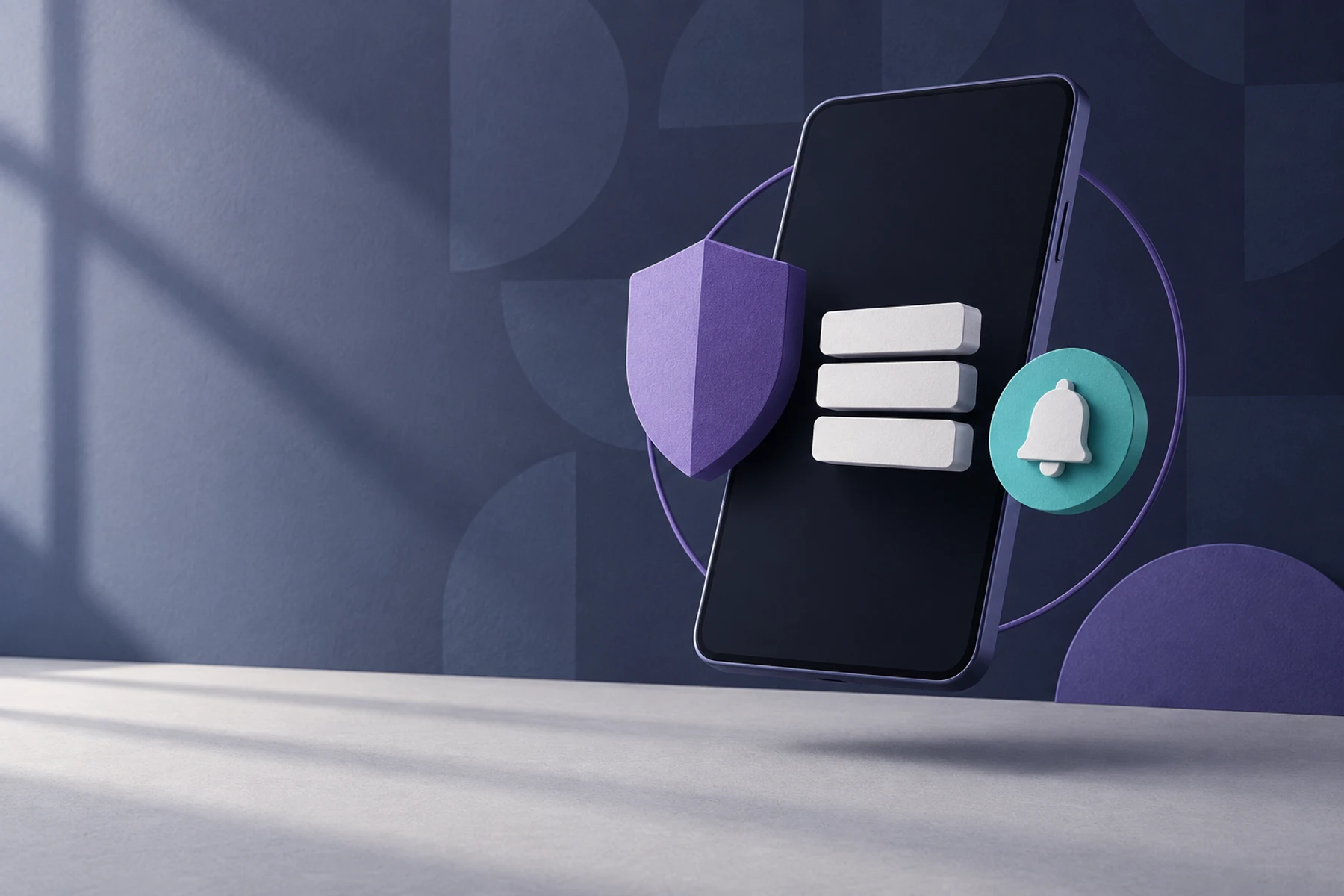 A matte shield and stacked ledger rows above a phone on a dark ground